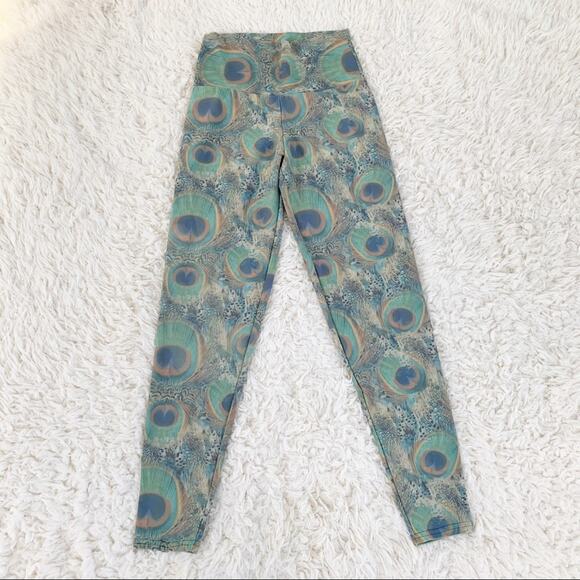 AUTOMATIC Peacock Print Leggings Green & Gold High Waist Tights size XS - Picture 4 of 9